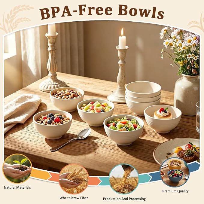Snack Bowls Sets of 8, Unbreakable & Lightweight Wheat Straw Bowls 10oz - Image 3