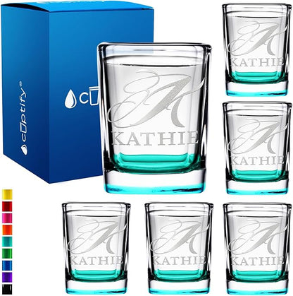 Personalized Shot Glasses Set of 6 Initial and Name 2oz Teal Bottom Etched Square Shot Glass Engraved with Custom Text Birthday Gift for Men and Women