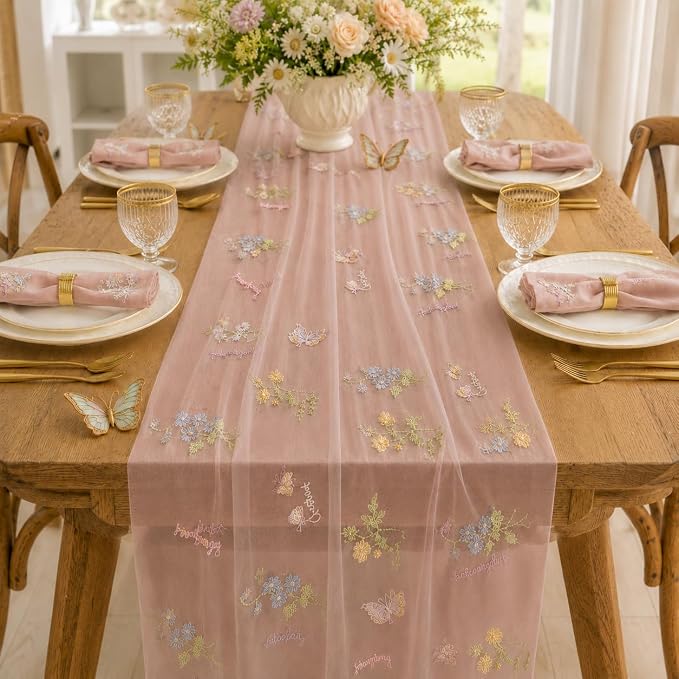 Wildflower Tulle Table Runner Butterfly Floral Wedding Party Home Decor | Pink - Image 4
