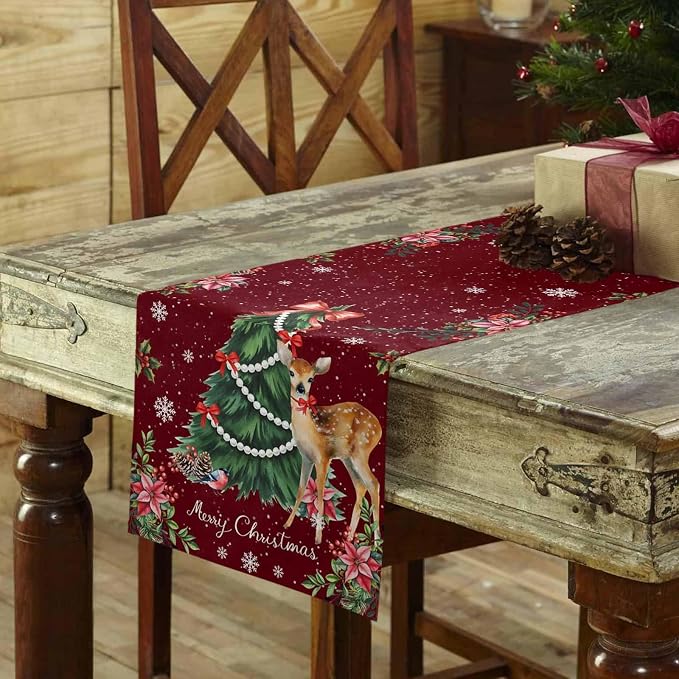 Christmas Reindeer Short Table Runners 48 Inches, Cotton Linen Fabric Red Table - Image 3