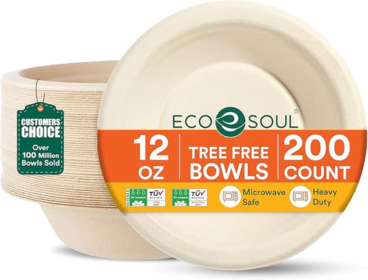 ECO SOUL 100% Compostable 12 Oz Soup Bowls [2 Packs of 100] Disposable Sturdy Bowls I Heavy Duty Paper Bowl I Eco-Friendly Salad Bowl I Biodegradable Small