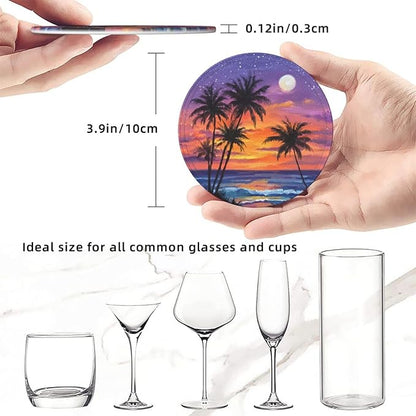 Sunset Beach Coasters for Drinks with Holder Round Leather Coasters Set of 6 Cups Mugs Mat Pad for Home Kitchen Bar