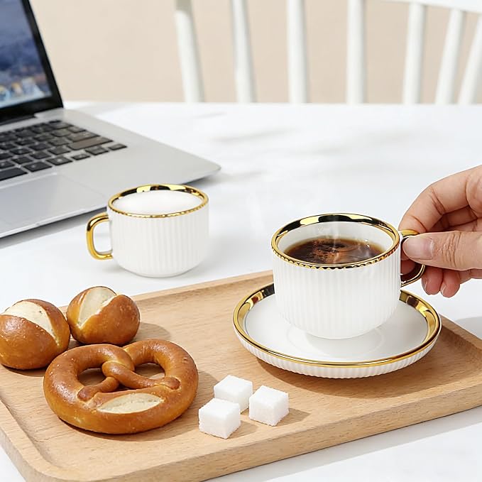 ALIMOTA 3oz White Gold Ceramic Coffee Mug Set of 6, Latte Mugs - Image 6