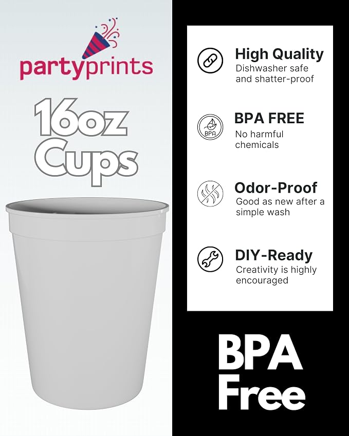 PartyPrints 100 Pack 16 oz White Reusable Blank Plastic Cups, Stadium Cups Bulk - Image 2