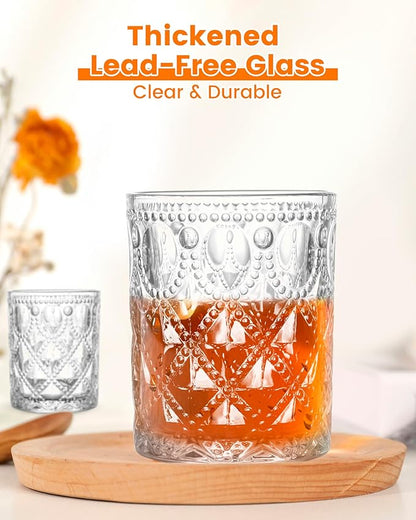 Vintage Diamond-Pattern Drinking Glasses Set of 6 – 12 oz Clear Short Glass Cups – Embossed Retro Glassware for Water, Cocktails, Whiskey, Juice – Thick Clear Glass, Dishwasher Safe