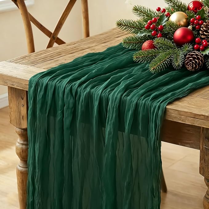 3Pcs Christmas Table Runner, 10FT Cheesecloth Emerald Green Table Runners by Miucat