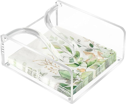 Acrylic Cocktail Napkin Holder, 5.5"x5.5" Clear Square with Weighted Arm & Non-Slip Base, Sleek & Stable Flat Napkin Holder for Bar Cafe Restaurant Kitchen Dining Table