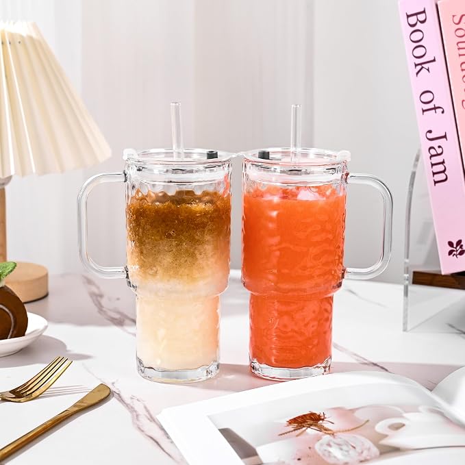 17oz Glass Tumbler with Handle & Lid – 2-Pack Iced Coffee Cups with Straws - Image 5