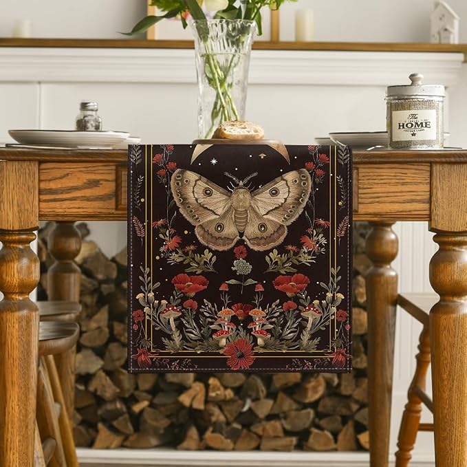 Artoid Mode Poppy Moth Mushroom Moon Fall Table Runner, Seasonal Autumn Kitchen - Image 2