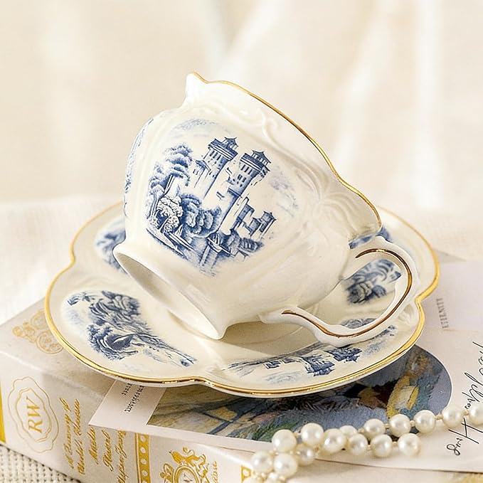 KAMMAK Tea Cups and Saucers Set of 2, 8 oz Porcelain Coffee Cups, SY001 | - Image 3