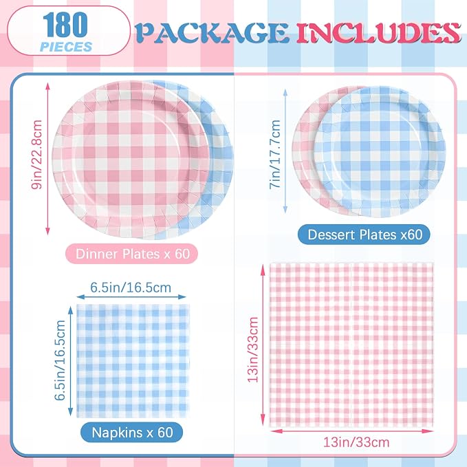 180Pcs Pink Blue Gingham Party Supplies Paper Plates and Napkins Serve 60 | - Image 2