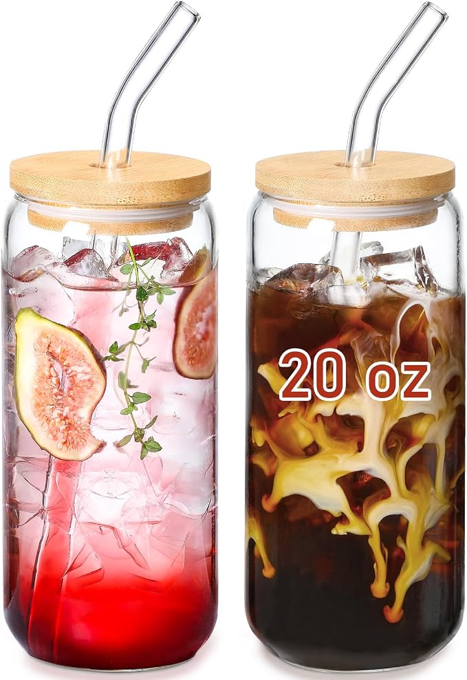 VITEVER 20 OZ Glass Cups with Bamboo Lids and Glass Straw by VITEVER