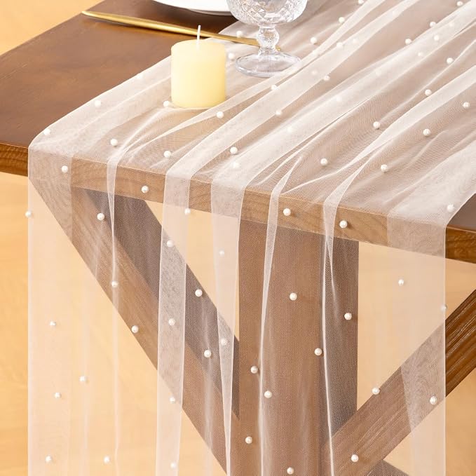 Pearl Table Runner Summer Tulle Gauze Sheer Wedding Party Home Decor | Ivory by Socomi