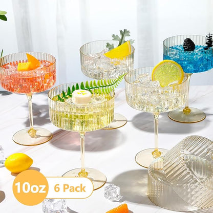 6 Pcs Ribbed Martini Glasses 10 oz Disposable Plastic Vintage Ribbed Coupe Glasses Unbreakable Dessert Parfait Glassware for Wedding Birthday Party Supplies (Gold)