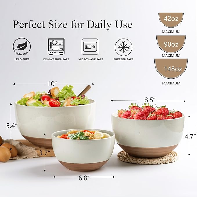 AmorArc Ceramic Mixing Bowls|Nesting Bowls Set of 3 for Kitchen|Stoneware Serving Bowls with Rustic Terracotta Underside for Mixing,Cooking,Baking,Salad| Microwave & Dishwasher Safe 4.6/2.8/1.3 Qt