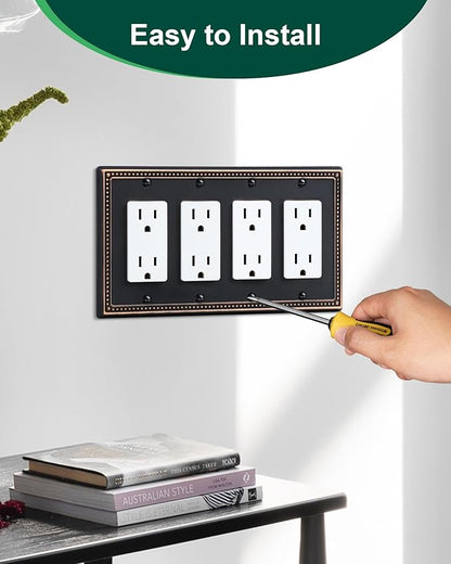 2-Pack Quad Decorator Outlet Cover Plate, Pearls Decorative Switch Plates and Outlet Covers, 4 Gang Aged Bronze Metal Wall Plates, Corrosion Resistant