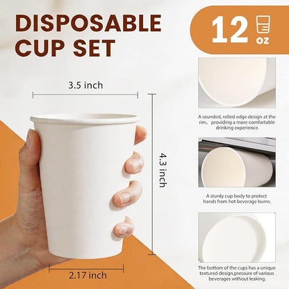 MOUMOULIFE Disposable Paper Coffee Cups 12 oz 300 Count Bulk, Leak-Proof White - Image 2