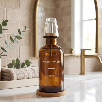 Glass Mouthwash Dispenser for Bathroom, Amber | Bamboo Tray & Mouthwash Cup - Image 6