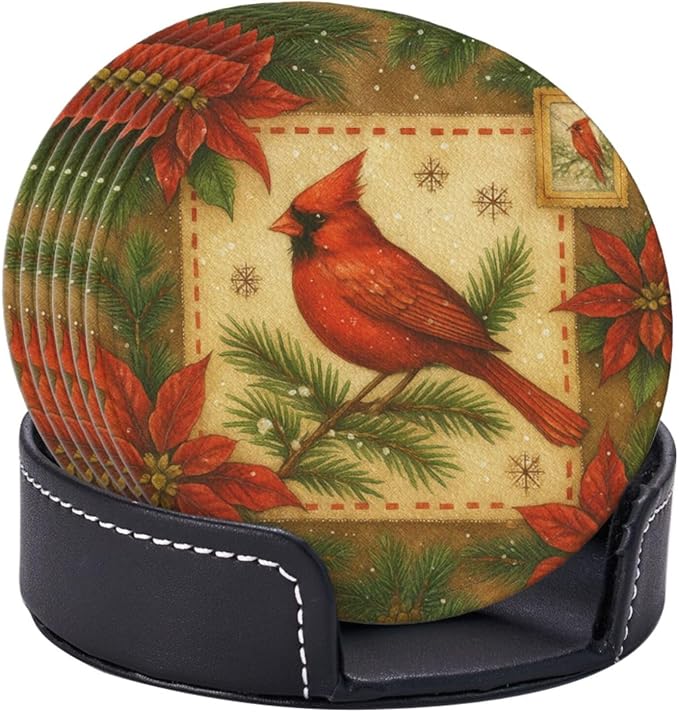 Red Christmas Floral and Bird Coasters - Image 2