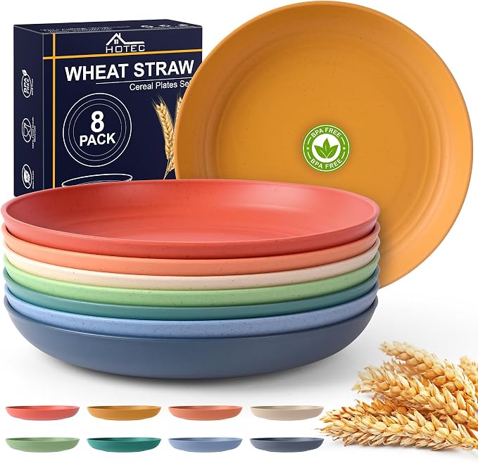 HOTEC 8-Pack 9inch BPA Free Unbreakable Deep Dinner Plates, Wheat Straw Plastic by Hotec