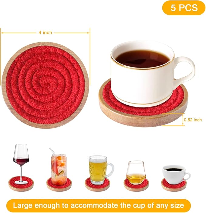 Wood Coasters for Drinks, Eykao Absorbent Coaster Sets of 5, Woven Drink - Image 6