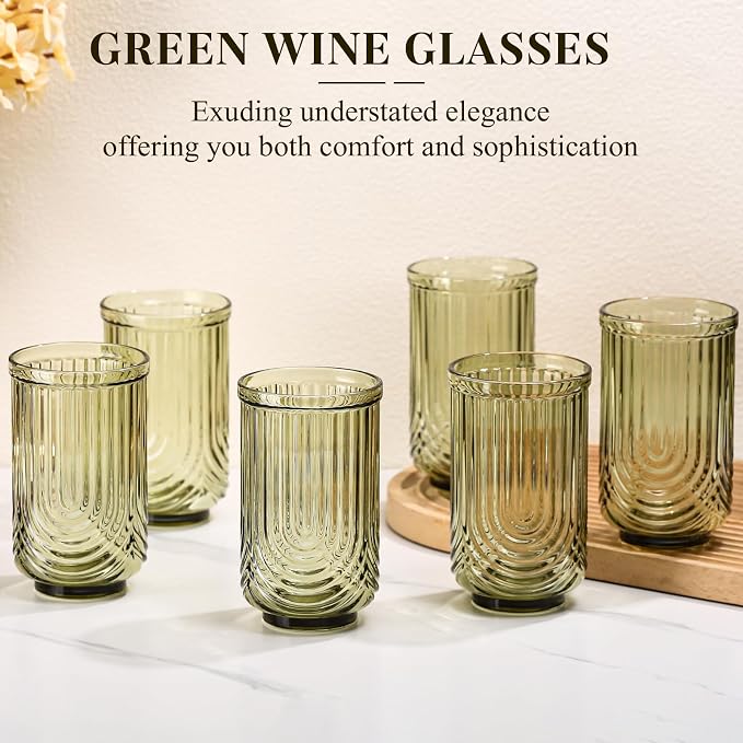 Green Vintage Drinking Glasses Set of 6-17oz Hand-Blown Highball Ribbed - Image 2