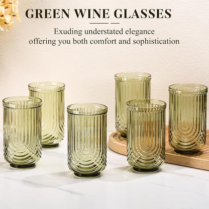 Green Vintage Drinking Glasses Set of 6-17oz Hand-Blown Highball Ribbed - Image 2