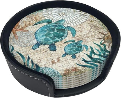 Drink Coasters with Holder Stand Set of 6, Sea Turtle Pu Leather Absorbent - Image 6