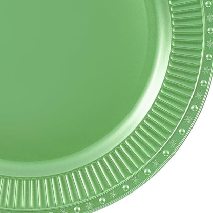 100 PCS Antique Charger Plates, Vintage Round Plastic Dinner Plates with Textured Edges, Stackable Tabletop Chargers for Weddings Parties Restaurants (Green)