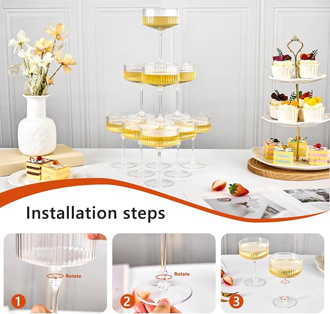 ZOMUIA Ribbed Coupe Glasses 28 Pcs, 10 oz Plastic Champagne Coupe Detachable - Image 3