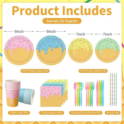 450 Pcs Ice Cream Tableware Set Decorations, Serves 50 | Summer Ice Cream Cone - Image 2