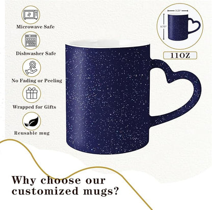 Custom Color Changing Mug,Personalized Photo Logo Text Print,Hidden Image Shows with Hot Drinks,Heart Shaped Handle Ceramic Coffee Cup,Home Office,for Valentine's Day (Dark Blue Starry)