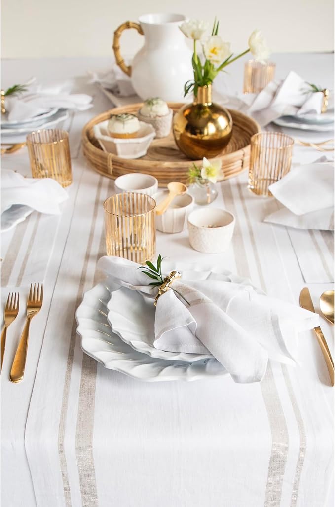 Solino Home 100% Linen Table Runner, 14 x 48 in, Natural and White Striped | - Image 2
