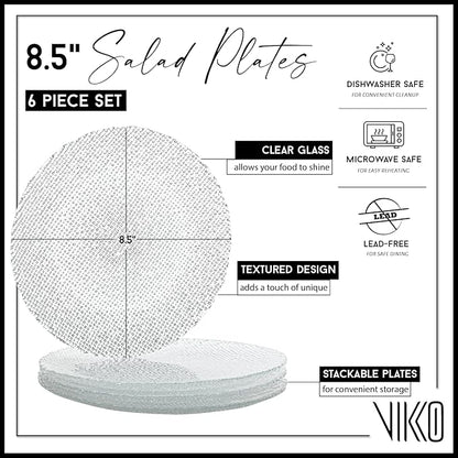 Vikko Salad Plate, Set of 6 Glass Plates, Dessert, Salad, Appetizer Plate, Elegant Textured Glass Design, Stackable 8.5 Inch Plates, Dishwasher Safe