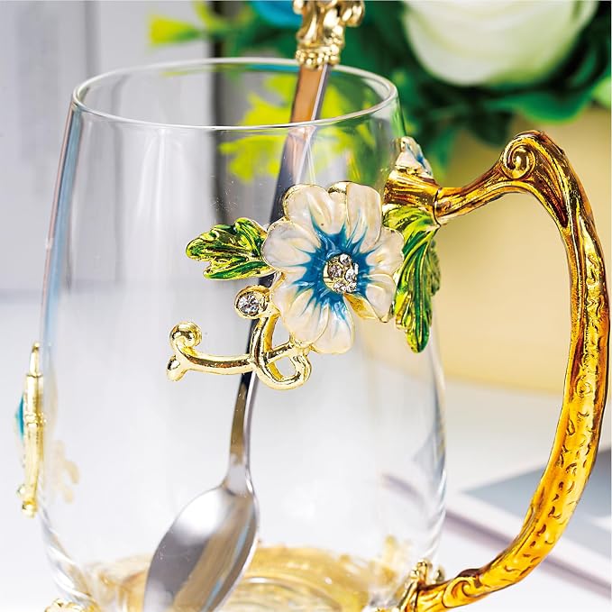 Flower Tea Cup, Butterfly Daisy Glass Fancy Coffee Mug - Image 4