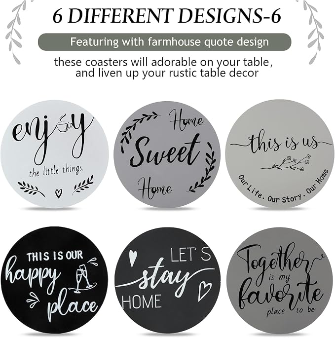 Queekay Coasters Set of 6 House Warming Gifts New Home Wooden Farmhouse Drink - Image 4
