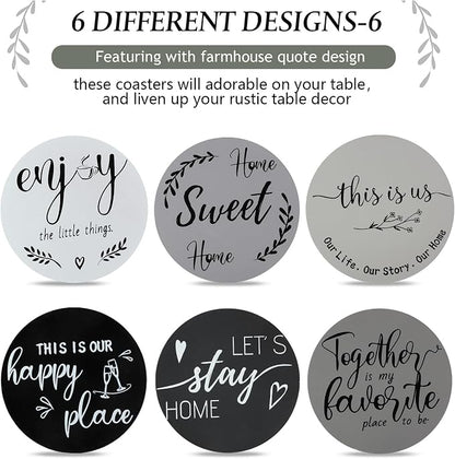 Queekay Coasters Set of 6 House Warming Gifts New Home Wooden Farmhouse Drink - Image 4