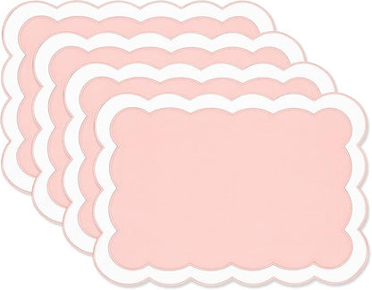 Hofdeco Premium Coastal Patio Indoor Outdoor Placemat Set of 4, 14"x19" Double-Layered, Waterproof Cloth Placemat for Kitchen or Dining Table. Blush Pink Embroidered Solid B