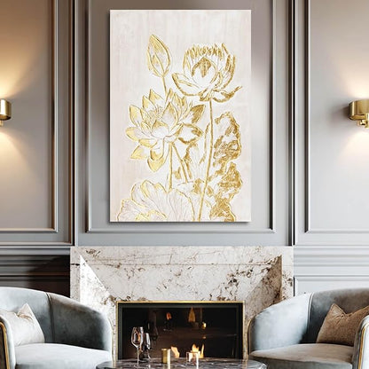 YJYart Plant Canvas Wall Art Flower Wall Decor Gold Wall Decorations 24"x36" Office Art Posters Oil Painting for Bedroom Kitchen