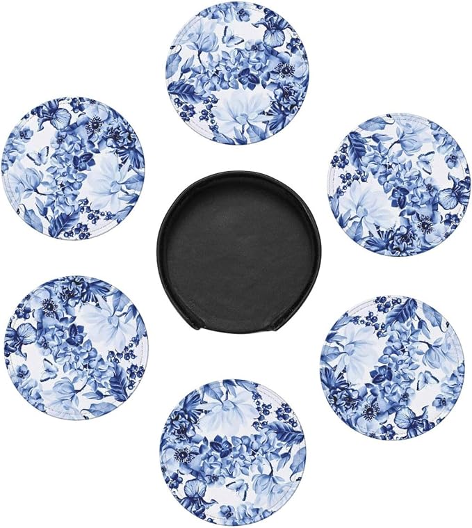 6 Pcs Blue and White Floral Leather Coasters - Image 7