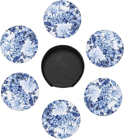 6 Pcs Blue and White Floral Leather Coasters - Image 7