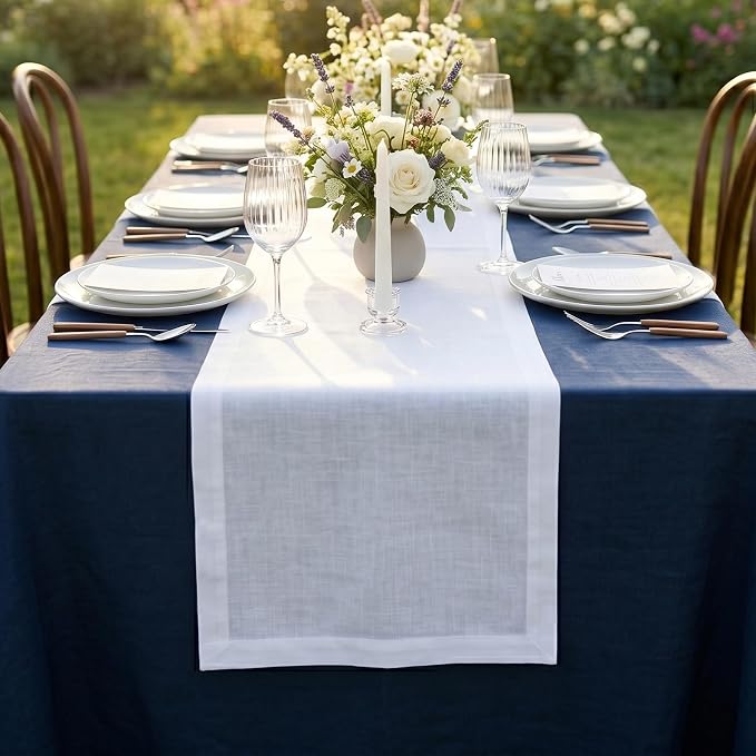 Solino Home 100% Pure Linen Dining Table Runner White, Fete 14 x 90 in Long | - Image 3