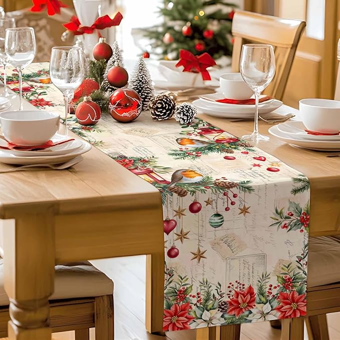 Christmas Poinsettia Table Runner 36 Inches Long, Winter Xmas Balls Birds Table - Image 9
