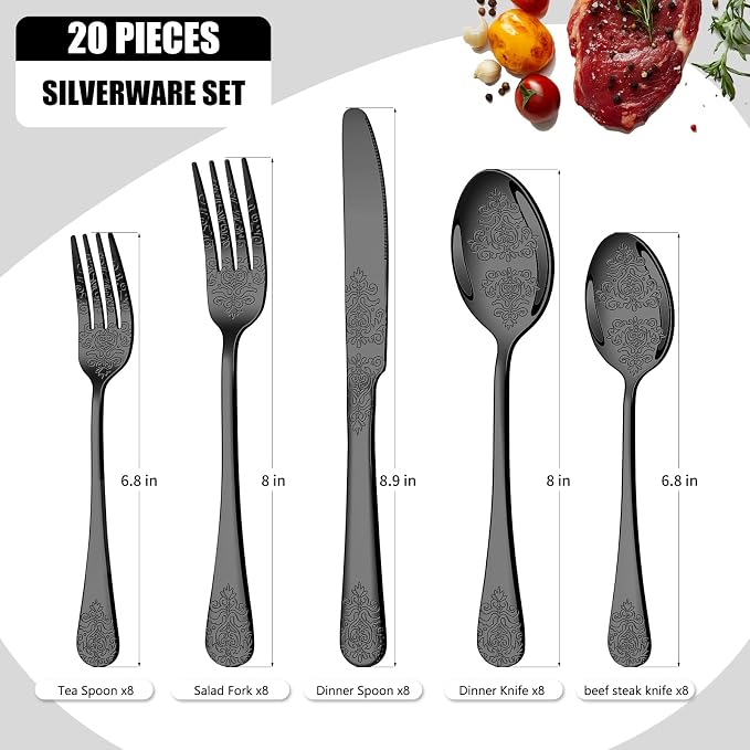 20 Pcs Black Silverware Set for 4, Food Grade Stainless Steel Flatware Set - Image 2