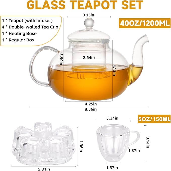 Glass Teapot Set, 40OZ/1200ml Stovetop Safe Glass Tea Kettle - Image 5