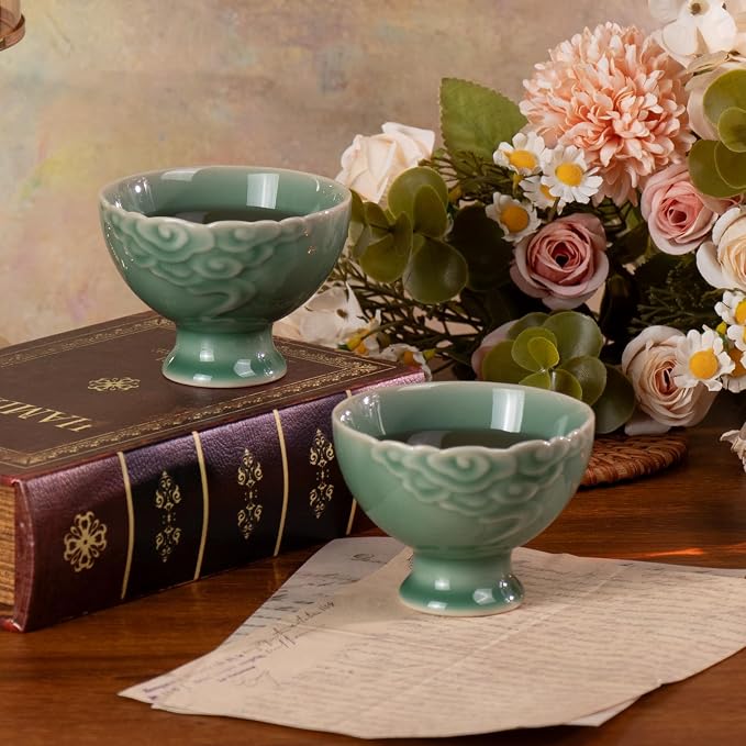 KAMMAK Tea Cup Set of 2 Small Tea Cups 3.7oz Green Porcelain Tea Cup Set - Image 7