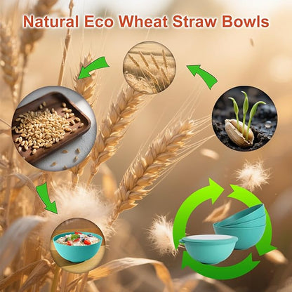 Wrova wheat straw bowls set of 4,40oz unbreakable salad bowl set with cover,alternative plastic bowls with cover for kitchen,party,camping and picnic. Green