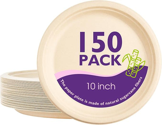10 Inch, 150 Pack Compostable Paper Plates Round Unbleached Brown Plates Made from Natural Sugarcane Fibers, Biodegradable Heavy Duty Disposable Plates for Party, Camping, Picnic