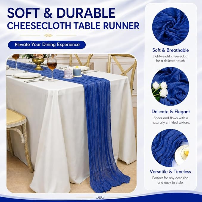 2 Pack Royal Blue Cheesecloth Table Runner 17x108 Inch Boho Rustic Semi Sheer - Image 4