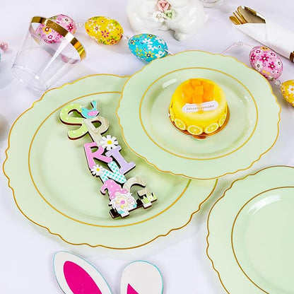 Liacere 350PCS Light Green Plates - Disposable Green and Gold Plastic Plates 50guest Baroque Dinnerware include 100Plates,50Pack Pre Rolled Napkins with Silverware 50Cups for Wedding ＆ Easter Day